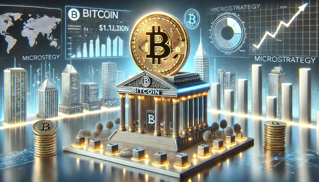 DALL·E 2024 10 12 05.13.47 A 3D horizontal image showing the concept of MicroStrategys ambition to become a leading Bitcoin bank with a 1 trillion market capitalization. The s 1