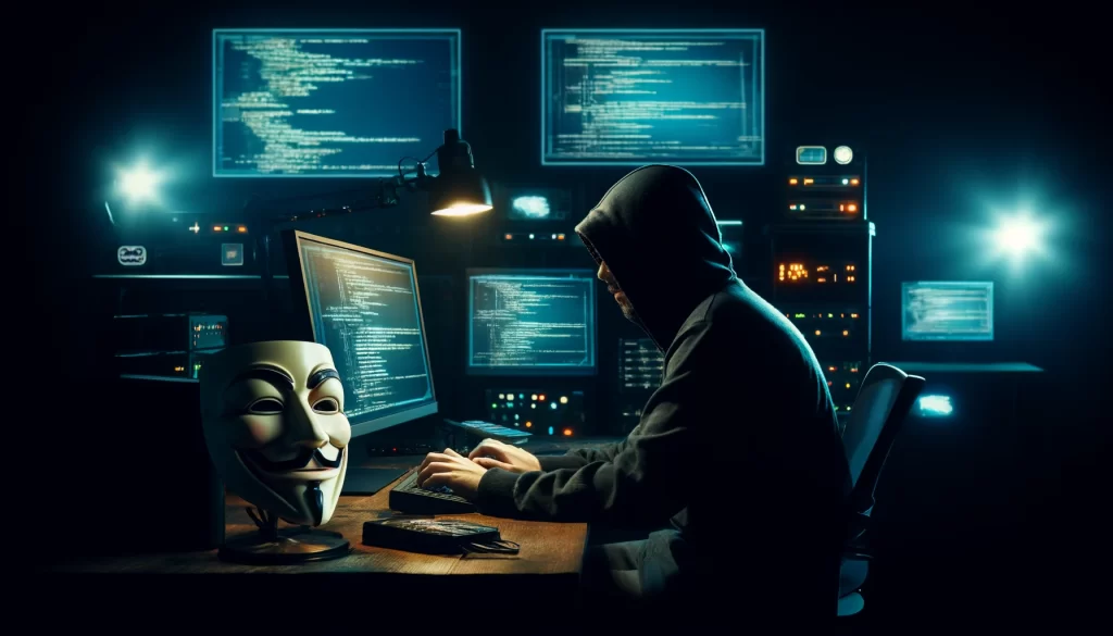 DALL·E 2024 04 20 19.00.56 A cinematic scene depicting an anonymous hacker now featuring a distinctive Guy Fawkes mask often associated with Anonymous resting on the desk b 1024x585 1