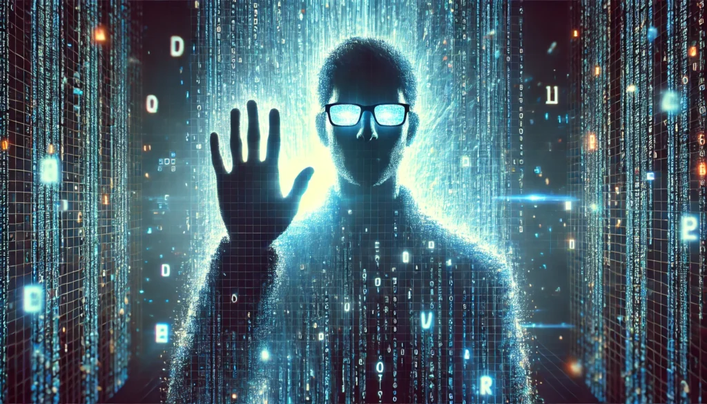 dall·e 2024 11 25 12.13.14 a hyper realistic digital artwork of a silhouette of a person wearing glasses and raising a hand with a glowing blue digital matrix background. the m