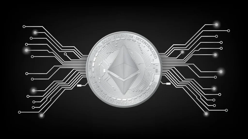 detailed gold coin ethereum eth token with pcb tracks in black and white on dark background digital