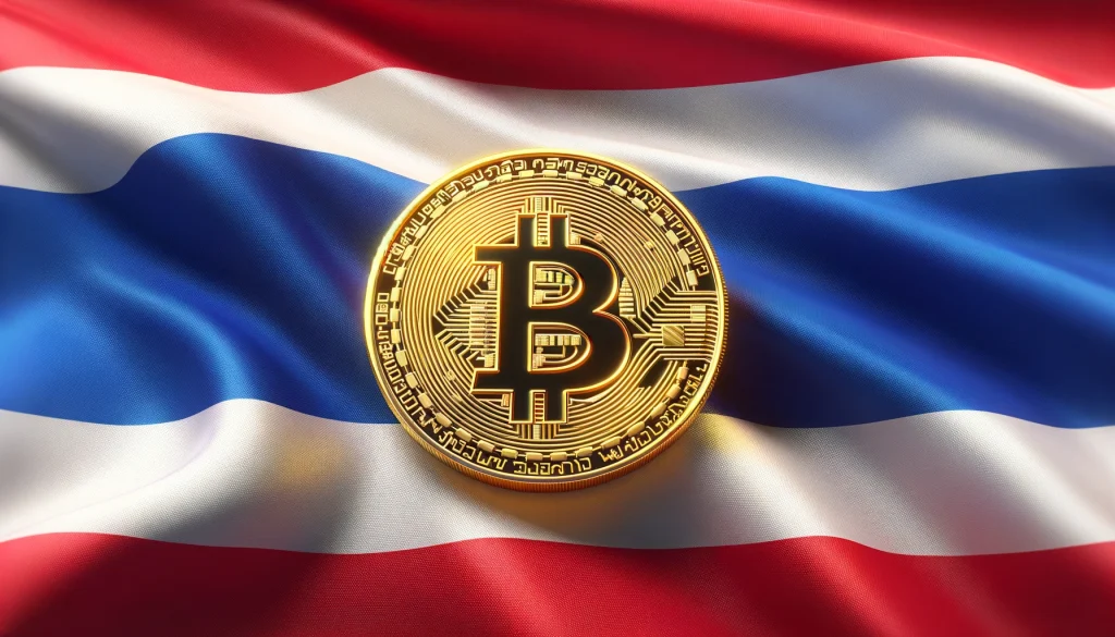 dall·e 2024 06 04 14.07.04 a wide format image featuring the thai flag as the background and a large golden bitcoin symbol in the center. the thai flag should have horizontal s